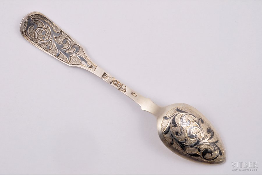 teaspoon, silver, 84 standard, 23.40 g, engraving, niello enamel, 13.3 cm, by Dmitriyev M., 1856, Moscow, Russia