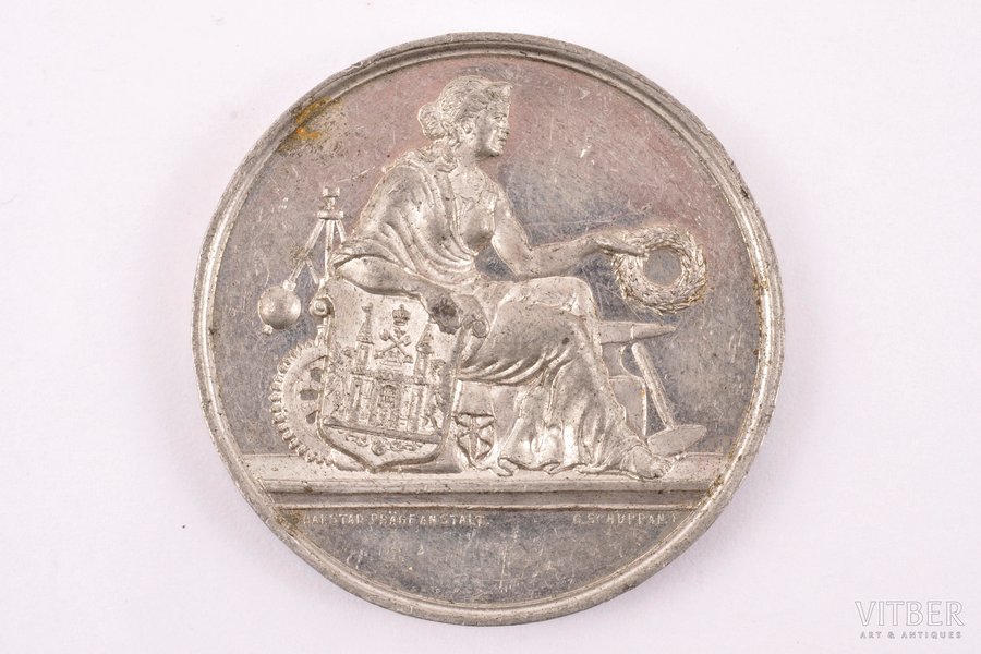 table medal, Gewerbe - Ausstellung Riga, Latvia, Russia, 1883, 38 x 38 x 3.2 mm, 19.65 g, tin