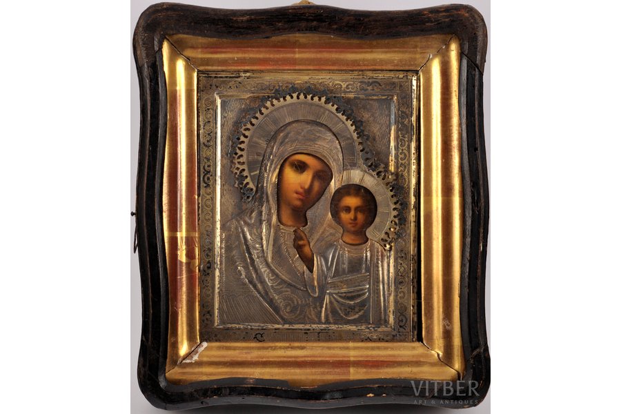 icon, Our Lady of Kazan, in icon case, board, silver, painting, 84 standard, Russia, the end of the 19th century, 17.7 x 14.2 x 2.4 (25 x 21.5 x 5.9) cm