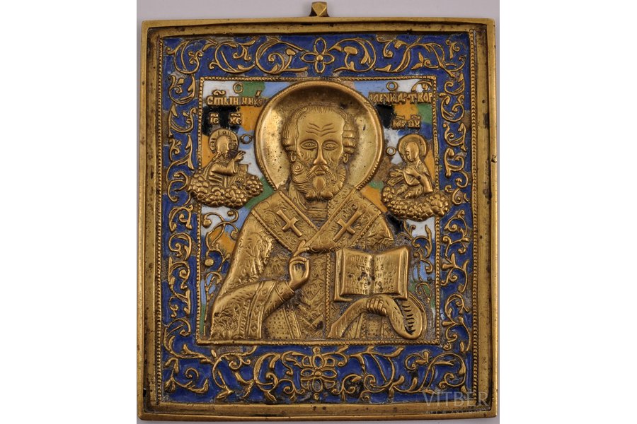 ikona, Svētais Nikolajs Brīnumdarītājs, vara sakausējuma, 6-krāsu emalja, Krievijas impērija, 19. gs., 11.6 x 9.9 x 0.4 cm