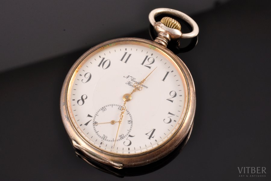 карманные часы, "N. Carstensen Horsens", Швейцария, рубеж 19-го и 20-го веков, серебро, 800 проба, 76.35 г, 6 x 4.9 x 1.3 см, Ø 42.4 мм, на ходу