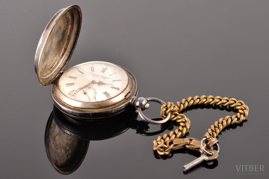 карманные часы, "Николай Линден", Швейцария, рубеж 19-го и 20-го веков, серебро, 875 проба, 6.8 x 5.5 см, (циферблат) 45 мм, механизму требуется профилактика