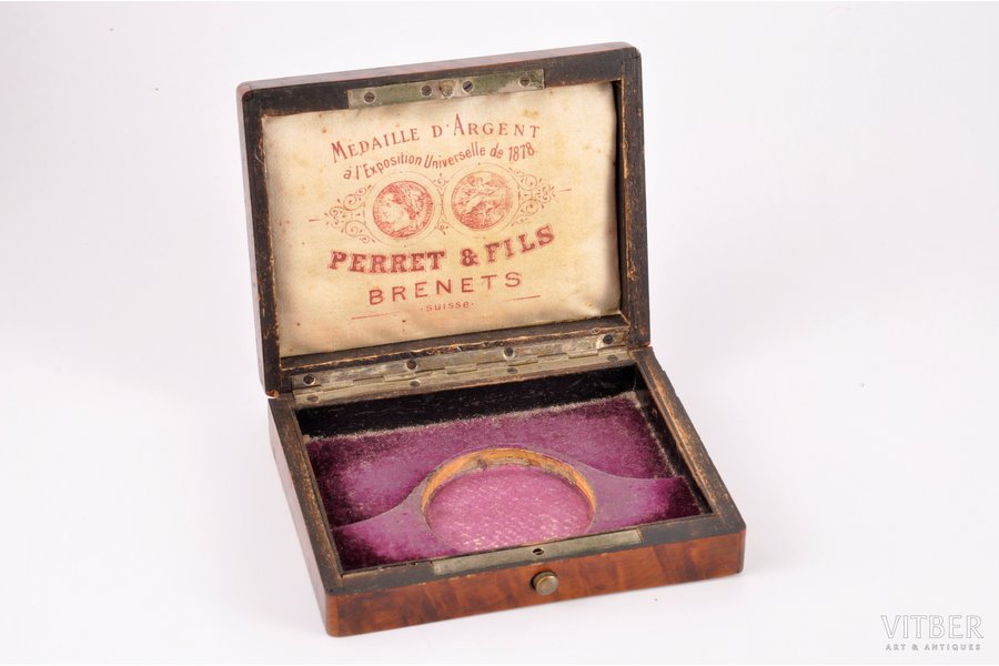 pocket watch box, "Perret & Fils", wood, nacre, 12.7 x 10 x 3.2 cm, for watch diameter 5.1 cm