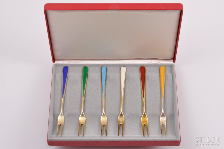 set of lemon forks, silver, 6 pcs, 925 standard, 45.40 g, enamel, gilding, 11 cm, Great Britain, enamel chip on one fork, in a case