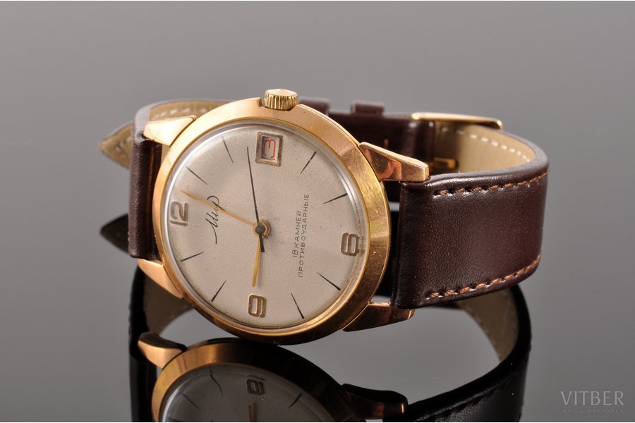 wristwatch, "Mir", USSR, the 60ies of 20th cent., gold plated, (wristlet) 23.5 cm, (dial corpus) 34 mm, needs servicing