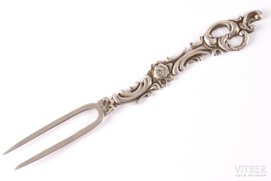 fruit fork, silver, 875 standard, 8.30 g, 11.2 cm, by Ludwig Rozentahl, the 20-30ties of 20th cent., Latvia