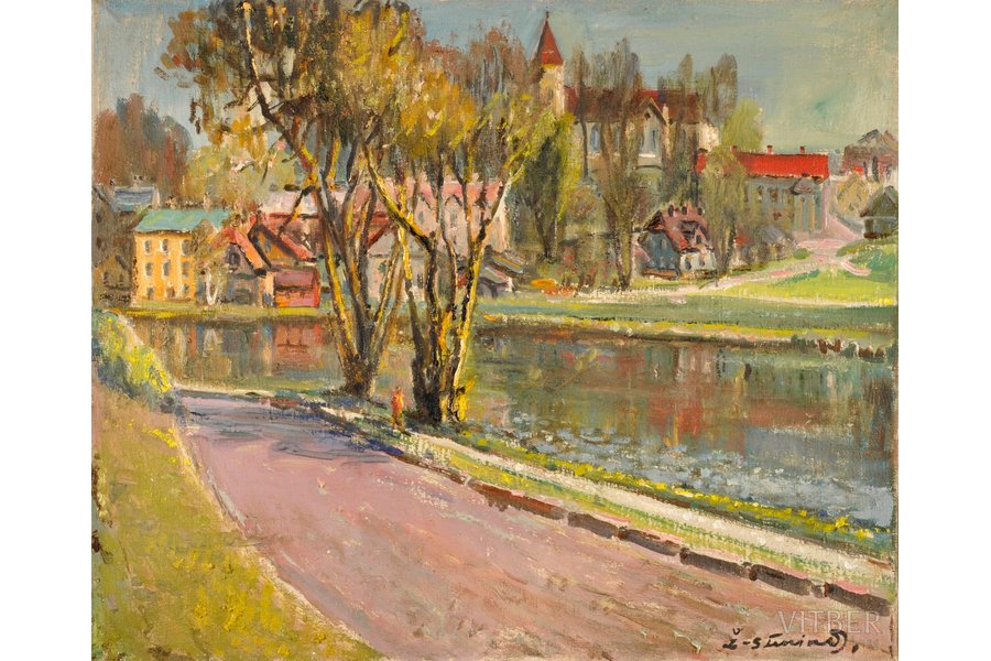 Суниньш Жанис (1904 - 1993), Прогулка вдоль реки, картон, масло, 57.7 х 69.5 см