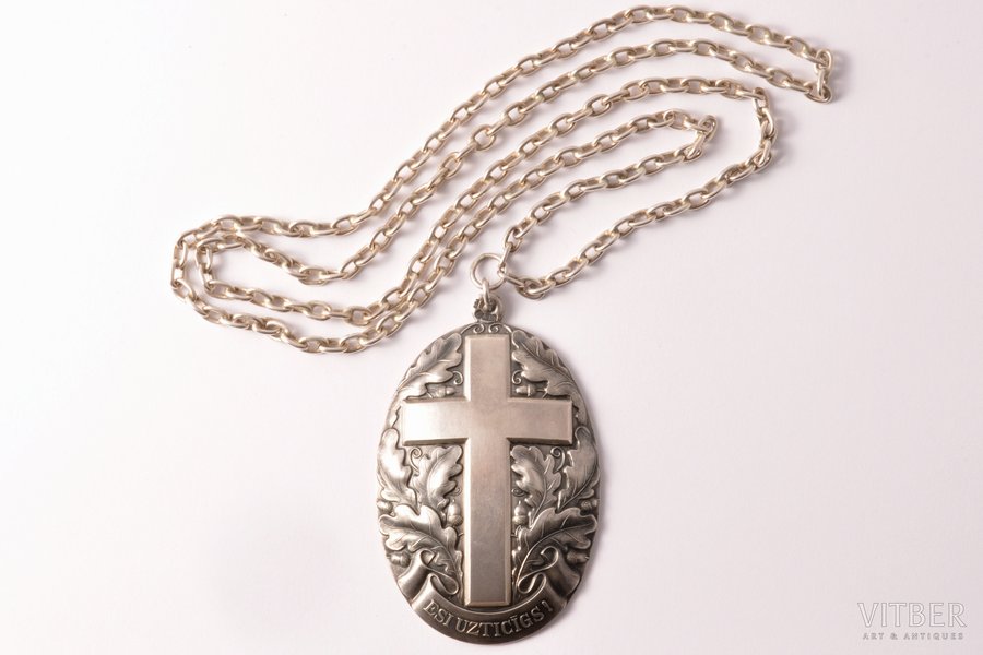 "Esi uzticīgs!" ("Be faithful"), Evangeline-Lutheran community in Carnikava (in a case), silver, Latvia, the 30ies of 20th cent., 84 cm (chain), 82.4 x 52.4 mm, (total) 93.95 g, 875 standard