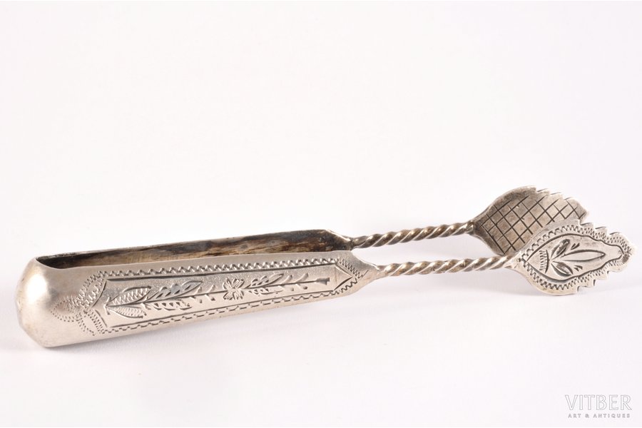 sugar tongs, silver, 84 standard, 19.85 g, engraving, 11.7 cm, by Alexey Murashkin, the end of the 19th century, Kostroma, Russia