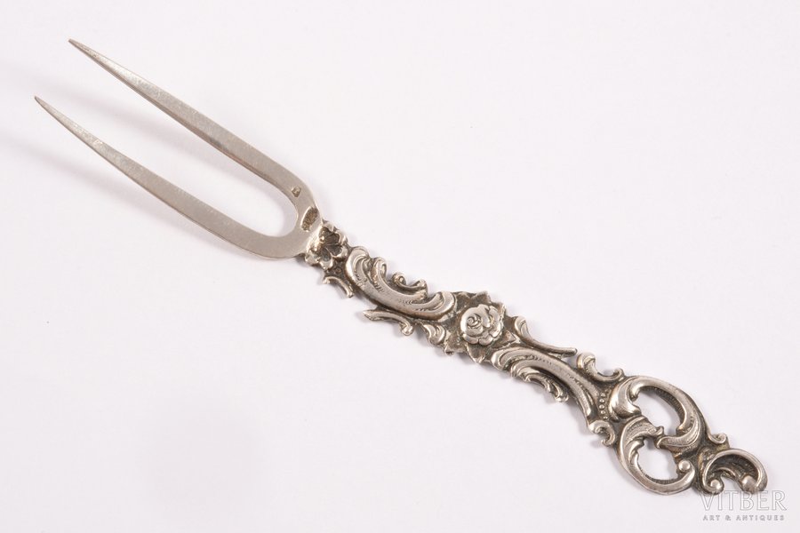 fruit fork, silver, 875 standard, 10.00 g, 11.4 cm, by Ludwig Rozentahl, the 30ties of 20th cent., Riga, Latvia