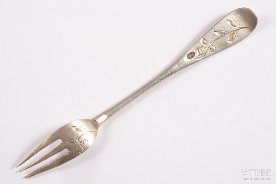 lemon fork, silver, 84 standard, 9.60 g, engraving, 11 cm, 1899-1908, Moscow, Russia