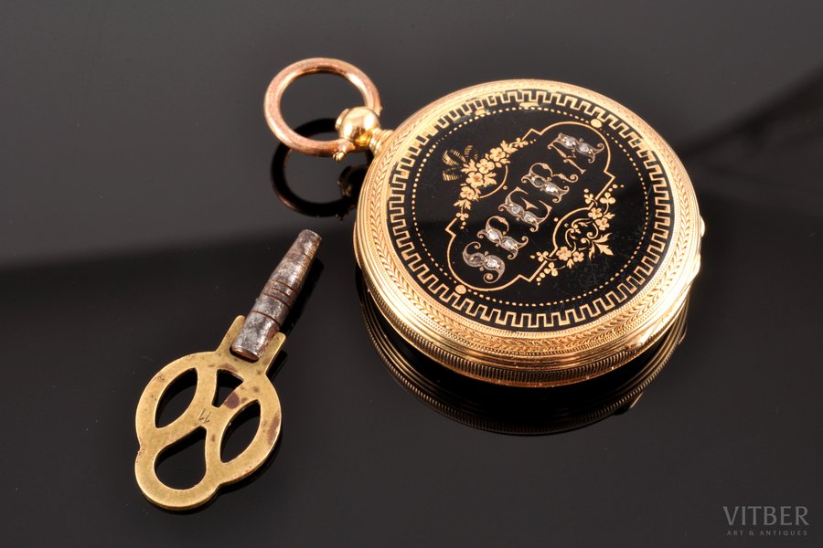 kabatas pulkstenis, ar futlāri, "Spera", Šveice, 20. gs. sākums, zelts, emalja, briljanti, 18 K prove, (kopējs) 24.10 g., 3.8 x 3.2 x 0.9 cm, (ciparnīca) 30 mm, darbojas