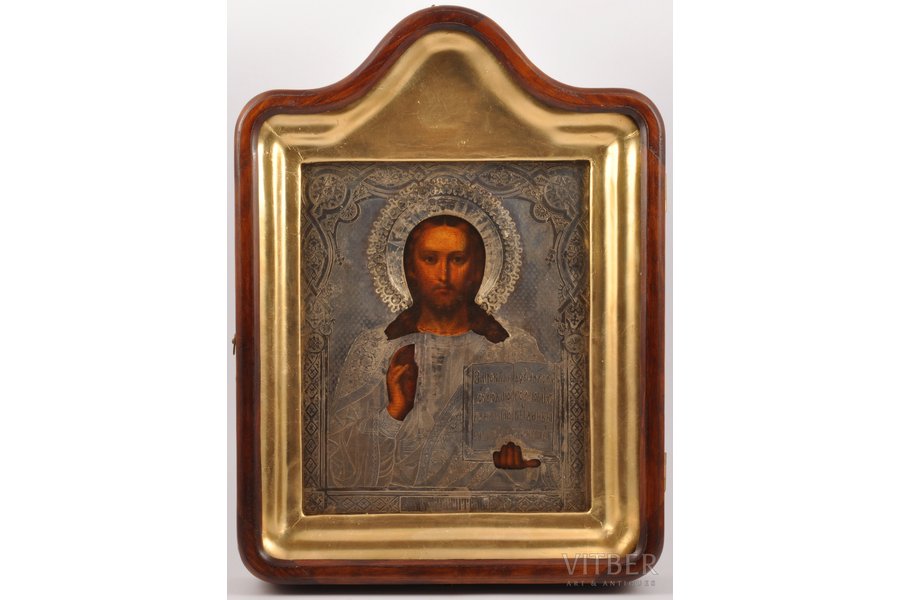 icon, Jesus Christ Pantocrator, in icon case, board, silver, painting, 84 standard, Russia, 1886, 26.7 x 22.2 (40.4 x 30) cm