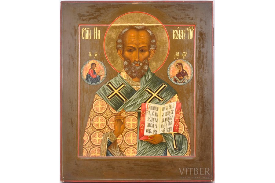 ikona, Svētais Nikolajs Brīnumdarītājs, gleznota uz zelta, dēlis, gleznojums, zeltījums, Krievijas impērija, 44.4 x 38 x 2.4 cm