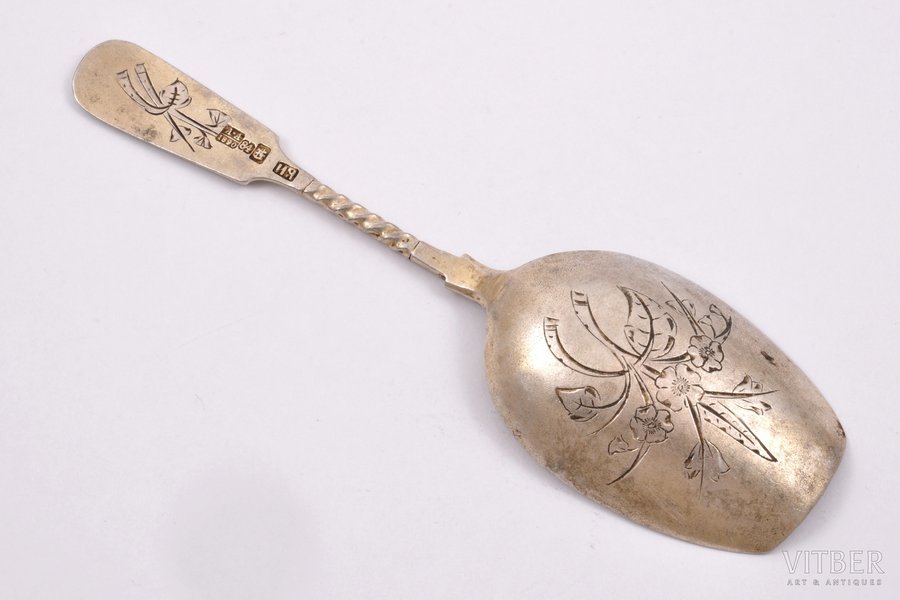 tea caddy spoon, silver, 84 standard, 22.15 g, engraving, 12.6 cm, 1890, Moscow, Russia