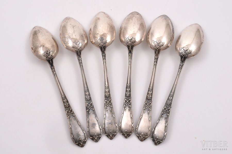 set of teaspoons, silver, 84 standard, 233.55 g, 15 cm, by Nikolay Pavlov, 1908-1916, Moscow, Russia