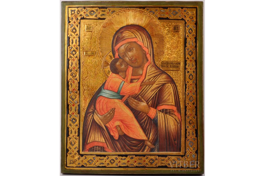 ikona, Vladimiras Dievmāte, dēlis, gleznojums, vizuļzelts, Krievijas impērija, 20. gs. sākums, 26.5 x 21.9 x 2.7 cm
