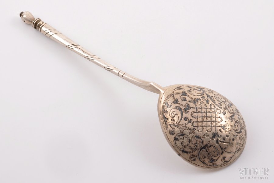 spoon, silver, 84 standard, 62.85 g, niello enamel, 18.8 cm, 1838-1862, Moscow, Russia