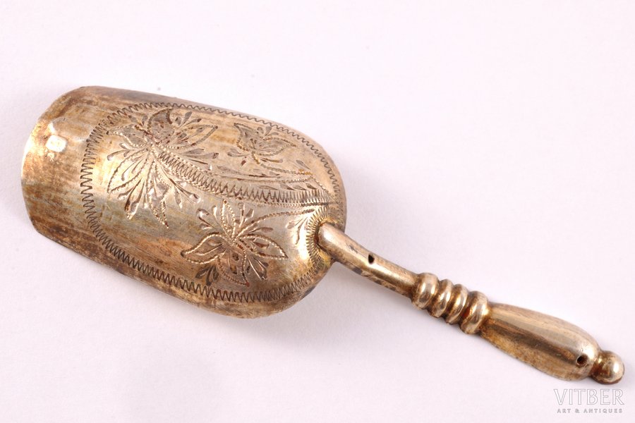 tea caddy spoon, silver, 84 standard, 8.10 g, engraving, gilding, 9.4 cm, the end of the 19th century, Kostroma, Russia