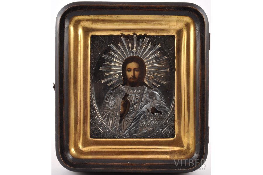 icon, Jesus Christ Pantocrator, in icon case, board, silver, painting, 84 standard, Russia, 1840, 13.4 x 11.2 x 1.9 (20 x 17.8 x 6.7) cm