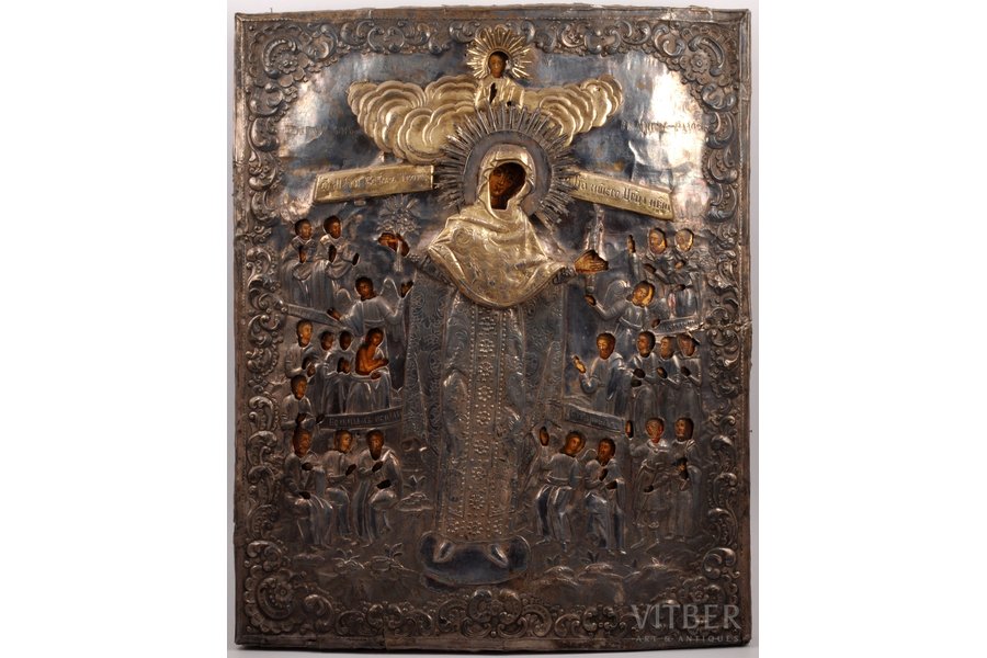 icon, Mother of God Joy of All Who Sorrow, painted on gold, board, silver, painting, guilding, 84 standart, Russia, 1857, 52 x 42 x 3 cm, (oklad weight) 871.50 g., oklad by Ogonykov