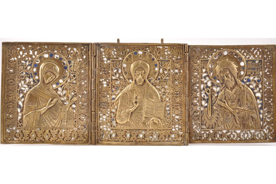 icon with foldable side flaps, Deesis: Jesus Christ, Holy Virgin Mary and St. John the Baptist, copper alloy, 2-color enamel, Russia, the border of the 18th and the 19th centuries, 17.5 x 44.8 x 0.5 (17.5 x 15.7 x 1.1 cm, 1272.7 g.