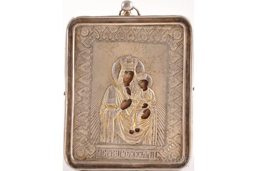 икона, (в серебряном окладе) Черниговская икона Божией Матери, серебро, живопись на цинке, 84 проба, Российская империя, конец 19-го века, 10 x 7.5 x 0.6 см