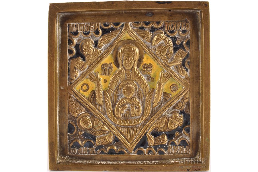 ikona, Dievmāte Parādība ar Evaņģēlistu simboliem, vara sakausējuma, 2-krāsu emalja, Krievijas impērija, Maskava, 19. gs. beigas, 5.6 x 5.3 x 0.5 cm, 72.50 g.
