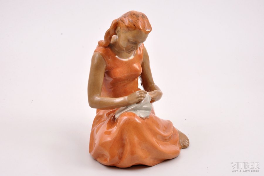 figurine, Embroiderer, ceramics, USSR, Gzhel, the 50ies of 20th cent., 19 cm