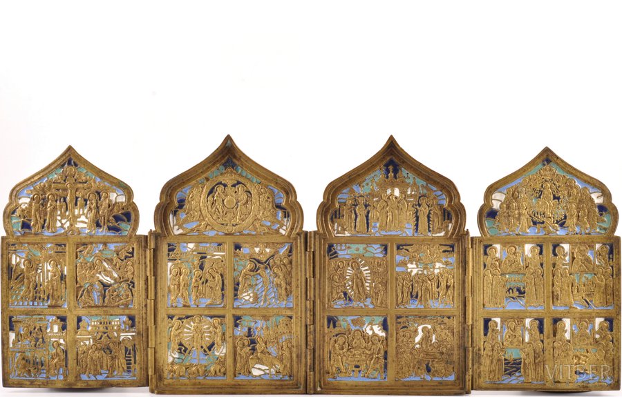 saliekama svētbilde, Divpadsmit Lielie Svētki, vara sakausējuma, 4-krāsu emalja, Krievijas impērija, 19. gs. beigas, 41 x 17.1 (9.8 x 17.1) cm, 1461.8 g.