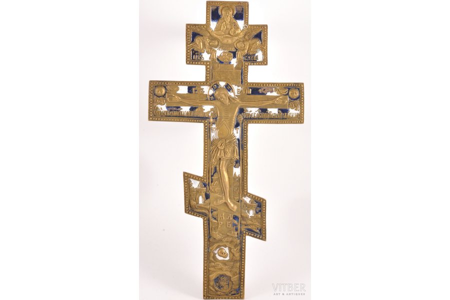 крест, Распятие Христово, бронза, 2-цветная эмаль, Российская империя, 19-й век, 36.6 x 18.7 x 0.5 см, 833.75 г.