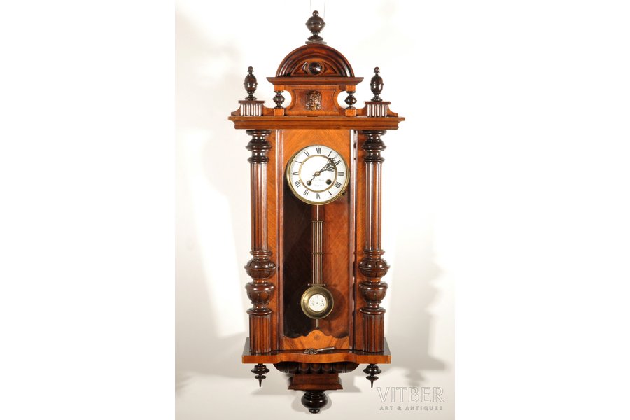 настенные часы, "Le Roi a Paris", Германия, начало 20-го века, дерево, 95x39x18 см, Ø 145 мм, в рабочем состоянии, эмаль в идеальном состоянии