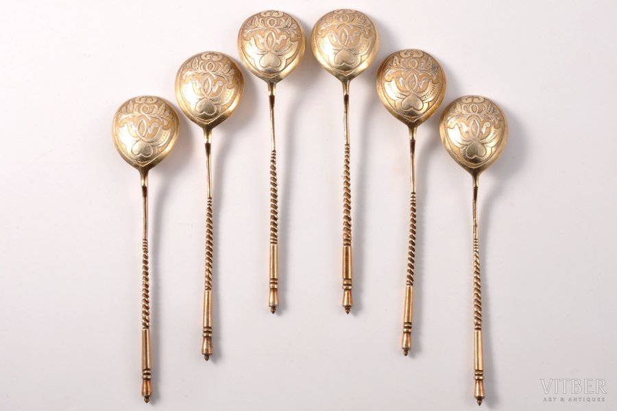 set of 6 teaspoons, silver, 84 standart, gilding, engraving, 1877, 80.00 g, Moscow, Russia, 12.6 cm