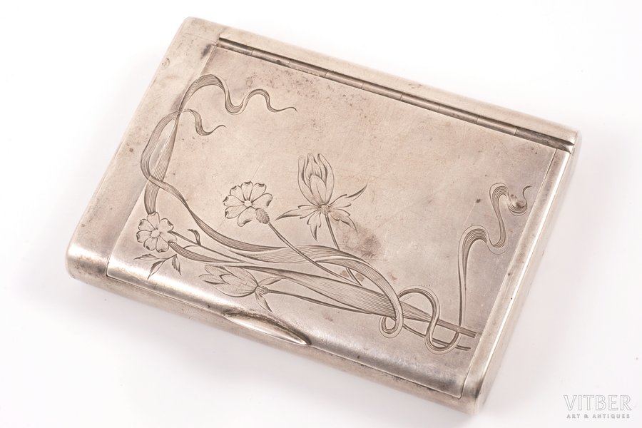cigarette case, silver, Art Nouveau, 84 standard, 165.10 g, engraving, 9.7 x 7 x 1.5 cm, 1899-1908, Moscow, Russia