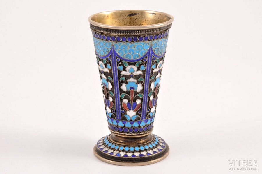 beaker, silver, 84 standard, 45.40 g, cloisonne enamel, h = 6.8 cm, Ø = 4.1 cm, by Nikolay Zverev, 1896-1907, Moscow, Russia