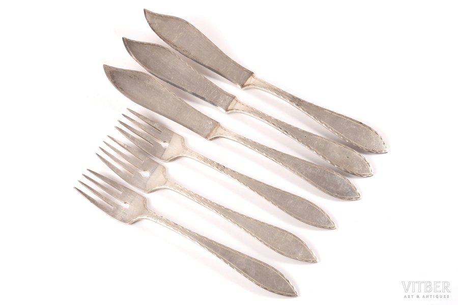 fish forks and fish knives (3 person flatware set), silver, 875 standart, the 30ties of 20th cent., 275.55 g, H. Bank's workshop, Riga, Latvia, 21 + 17.5 cm