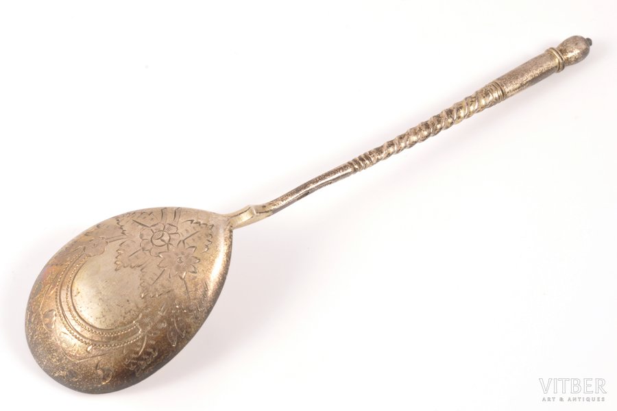 spoon, silver, 84 standard, 32.20 g, engraving, 15.8 cm, by Prokopiy Andreev, the end of the 19th century, Moscow, Russia