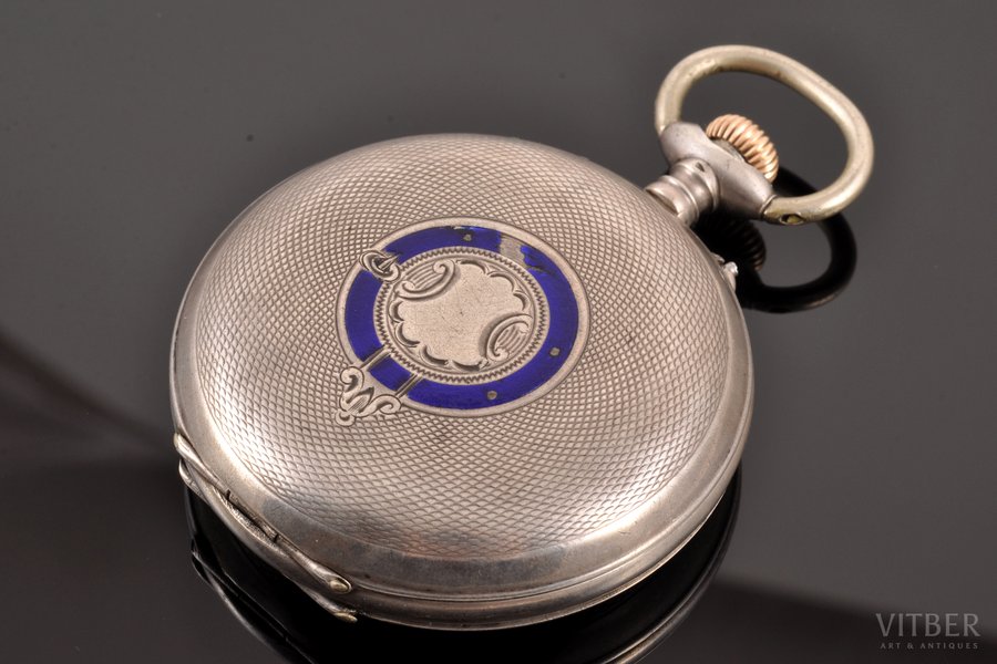 карманные часы, "Doxa", Швейцария, рубеж 19-го и 20-го веков, серебро, эмаль, 84, 875 проба, 7.1 x 5.7 см, (циферблат) 44 мм, механизму требуется профилактика