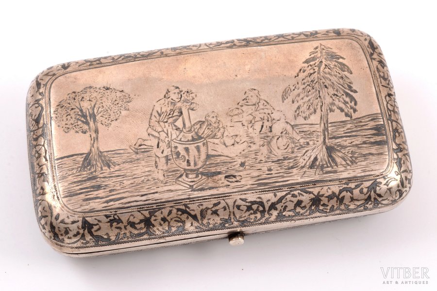cigarette case, silver, 84 standard, 123.60 g, niello enamel, gilding, 10.6 x 5.9 x 2.6 cm, 1855-1888, Moscow, Russia