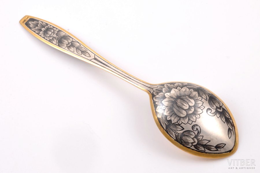 spoon, silver, 875 standard, 59.95 g, niello enamel, gilding, 19.7 cm, artel "Severnaya Chern", 1975, Veliky Ustyug, USSR