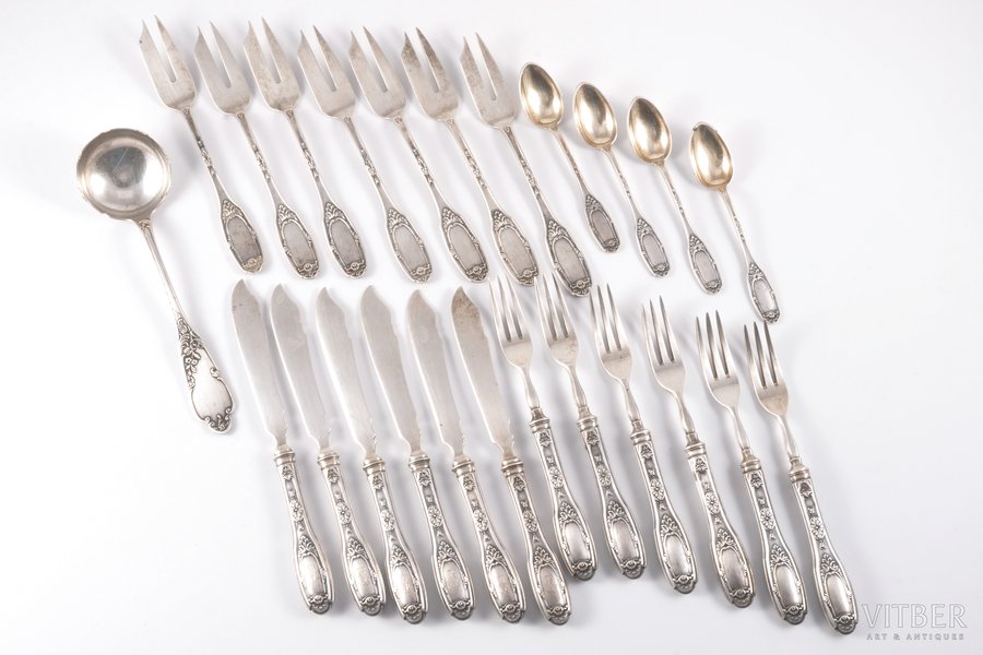 flatware set, silver, 24 items: 7 fruit forks, 6 fish knives, 6 dessert forks, 4 coffee spoons, 1 jam spoon, 84 standart, 1908-1916, 842.60 g, Kharkov, Russia, fruit fork - 15.2 cm / fish knife- 17.5 cm / dessert fork - 15.7 cm / coffee spoon - 11 cm / jam spoon - 16.5 cm