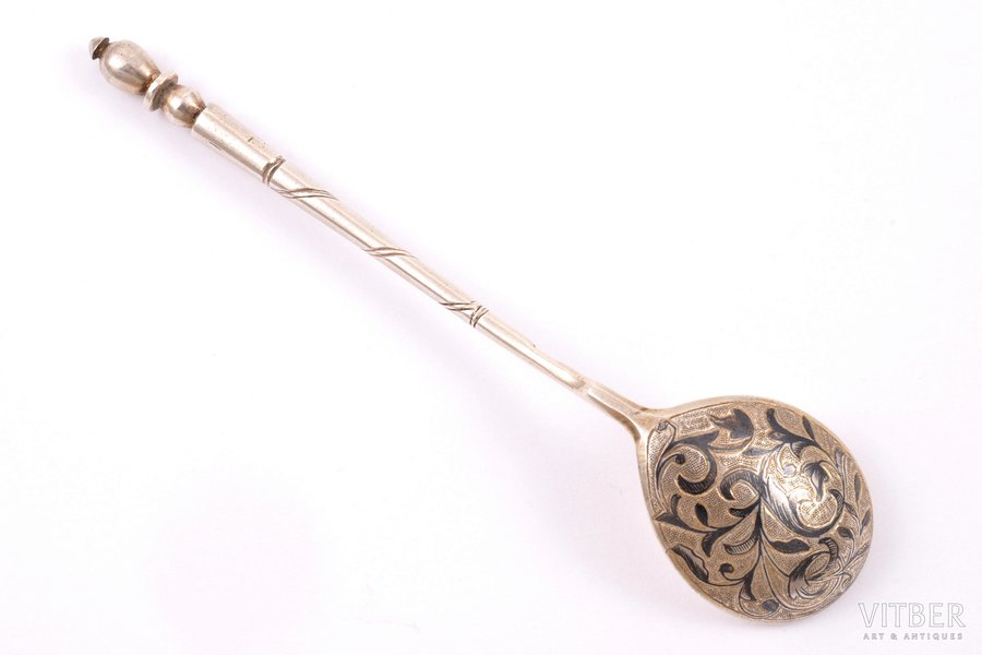 spoon, silver, 84 standard, 25 g, niello enamel, 13 cm, 1847, Moscow, Russia