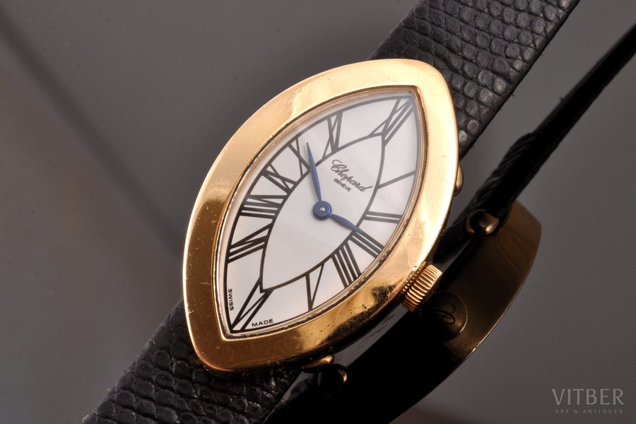wristwatch, "Chopard", Switzerland, 2000ies, gold, 750 standart, (total) 46.35 g., (length) 20.3 cm, 38 x 23 mm, working well