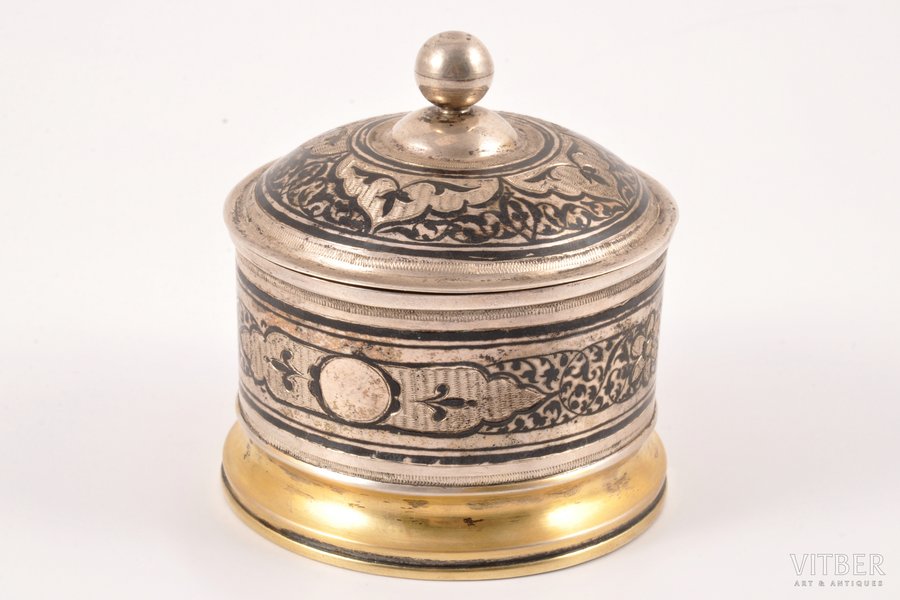 sugar-bowl, silver, 875 standart, gilding, niello enamel, engraving, the 60-80ies of 20th cent., 100.85 g, Riga, Latvia, USSR, h (with a lid) 7.4 cm