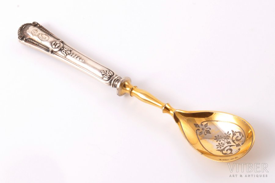 spoon, silver, metal, 84 ПТ standard, 34.10 g, (item weight), engraving, gilding, 15.9 cm, the border of the 19th and the 20th centuries