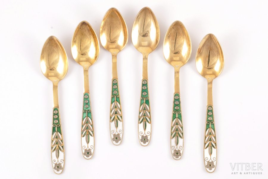set of teaspoons, silver, 925 standard, 103.20 g, cloisonne enamel, gilding, 11.7 cm, The Leningrad Industrial Association of Russian Gems, 1983, Leningrad, USSR