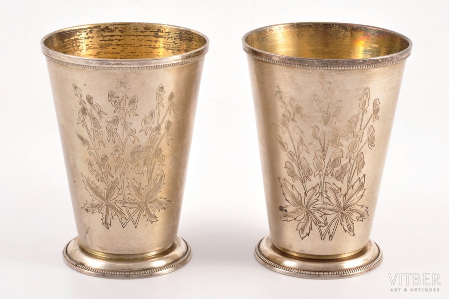 2 glasses, silver, 875 standart, engraving, gilding, 1958, 163.50 g, Tallinn Jewelry Factory, Tallin, Estonia, USSR, Ø 6.2 cm, h 8.5 cm