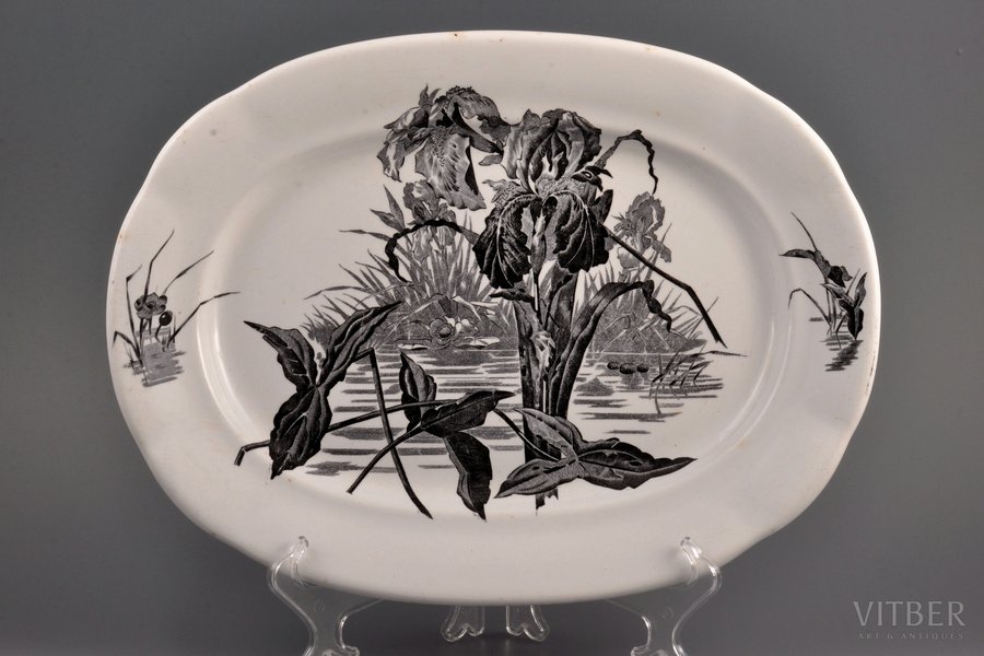 decorative plate, "Irises", Art Nouveau, K.P.M. Dreylingsbusch, faience, M.S. Kuznetsov manufactory, Riga (Latvia), Russia, the border of the 19th and the 20th centuries, 36.7 x 27.5 cm