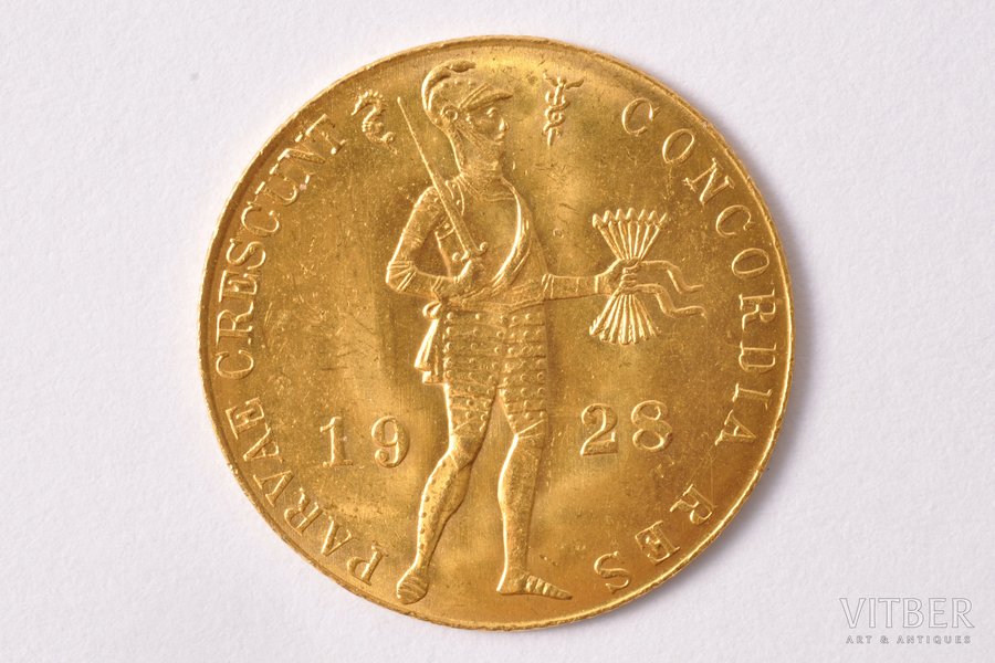 торговый дукат, 1928 г., золото, Нидерланды, 3.49 г, Ø 21 мм, AU, 983 проба