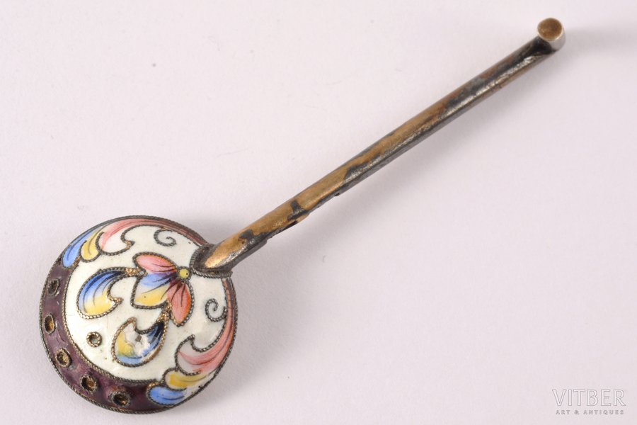 spoon for salt, silver, 84 standard, 6.65 g, gilding, painted enamel, 6.3 cm, 1908-1916, Moscow, Russia